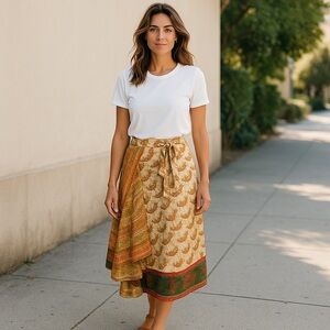 Wevez Wrap Skirt 2 Layer Long Indian Sari Silk Blend Gold Orange Tones